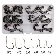 160 Offset Circle Fishing Hooks/Box - Black High Carbon Steel: Sizes #1-5/0 picture