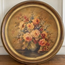 Antique 1920s Floral Oleograph Canvas Print 28” Round Gold Wood Frame picture