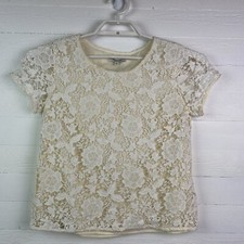 Madewell White Cream Meadowlace Tee Blouse Small Short Sleeve Lined Round Neck  picture