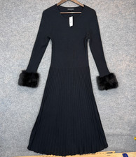 Saks Fifth Avenue Faux Fur Cuff Dress Womens Large Black Ribbed Fit Flare Knit picture