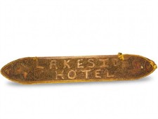Antique LAKESIDE HOTEL Sign Hand Carved Wood Horse T Brand Cowboy Boot Folk Art picture