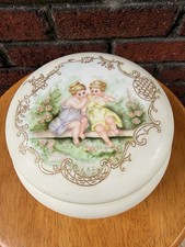 Antique 1897 Hand Painted French Porcelain Dresser Box Cherubs As-Is Chipped Rim picture