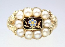 WOW Antique Georgian 14K Gold Pearl Enamel Forget Me Not Mourning Ring 1826 6.25 picture