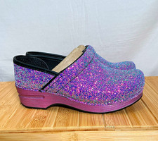 Dansko Women's Purple Glitter Slip-On Clogs Rubber Upper Round Toe Size 6 picture