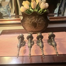 Set of 4 Antique Bronze Metal Wall Sconce Candle Holders Baroque Oval Taper picture