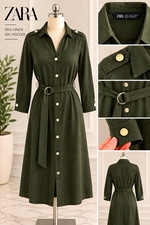 ZARA Women’s Olive Green Shirt Dress – 50% Linen / 50% Viscose picture