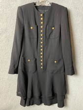 Vintage Rena Lange 8 Black Wool Dress Gold Tone Buttons Tiers 90s Luxury Designe picture
