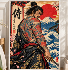 Japanese Samurai Tattoo Art Unframe Poster Vintage Mt Fuji Red Sun Wall Decor picture