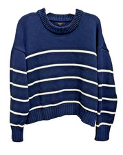 Quince Knit 100% Organic Cotton Striped Crew Neck Sweater Navy White L Fisherman picture