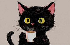 ACEO Mini *Art Print* Black Cat Baby Kitten & Cup of Coffee & Cream by Saulite picture