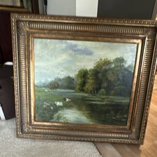 Framed Realism Landscape Oil Painting Cows River Trees Canvas Medium Art picture