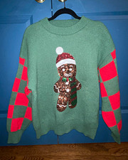 BIBI Women’s M Green/Red Knit Sequin Gingerbread Crewneck Pullover Sweater picture