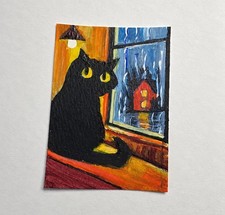 Existential Window Cat ACEO Hand Painted Original Funny Rainy Night Art picture