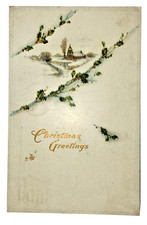 Antique 1915 Christmas Postcard Church Snow Holly Gold Embossed Painesville OH picture
