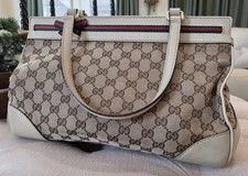 Gucci Mayfair Tote Bag GG Canvas Web Stripe Bow Shoulder Purse Vintage picture