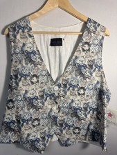 Linda Tilson Cat Print Vest XL Blue Gray Button Front Artsy Cottagecore NWT picture