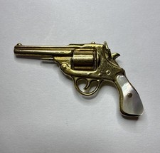 Vintage 10k Yellow Gold Mother of Pearl Handle Revolver Pistol Charm 1/20 JMF picture