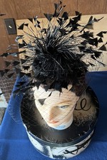 Vtg 1950s Doree Black WILD Spiked Feather Spray Birdcage Veil Fascinator Hat MCM picture
