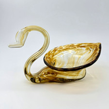 Vintage Hand Blown Art Glass Swan Dish Amber Brown Slag Glass Mid Century 6.5” picture