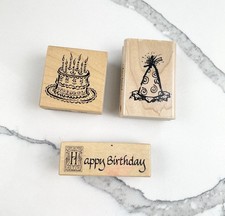 Vtg PSX Inkadinkado Happy Birthday Wood Rubber Stamp Set  picture