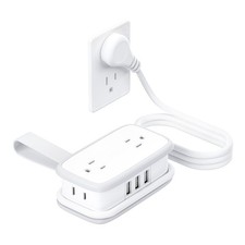 Portable Flat Plug Power Strip 4 Outlets 3 USB A 4 Ft Short Extension Cord White picture