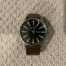 Nixon The Sentry 42mm Day/Date Watch Silver Brown Leather Black Yellow A105-019 picture