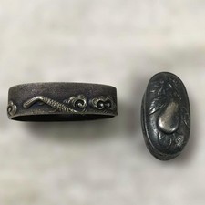 Antique Japanese Fuchi Kashira Edo Period Silver Zogan Inlay Sword Fittings picture