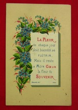 Antique French Card 1883 THE FLOWER OF MEMORY REMAINS IN MY HEART picture
