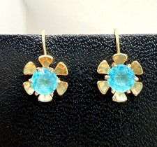 VINTAGE 10K YELLOW GOLD RETRO LIGHT BLUE FLOWER SETTING SCREW BACK EARRINGS picture