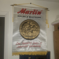 Vintage Marlin Satin Advertising Banner Fringed Rifles & Shotguns 28 x 20 in picture