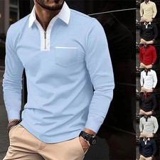 Autumn Mens Long Sleeve Zipper Polo Shirts Casual Lapel Collar Zip Up Henley Shi picture