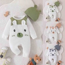 Newborn Baby Boy Girl Romper Jumpsuit  Bear Print Bodysuit Hat Clothes Outfits picture