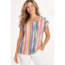 Soft Surroundings Eudora Button Tee Multi Water Stripe Top 2GW24 Medium NWOT picture