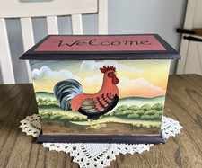 Vintage Hand Painted Wooden Rooster Welcome Storage Box | Rustic Farmhouse Decor picture