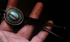 Beautiful Old Sterling Silver & Inlaid Turquoise Stone & Branch Coral Bolo Tie picture