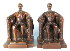 Lincoln in Chair Memorial Statue Vintage Jennings Brothers Bronze Metal Bookends picture