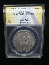 1908-S U.S. Administration - Philippines - 1 Peso - ANACS AU50 Whizzed - Silver picture