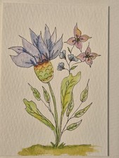 ACEO Original Whimsical wildflowers Watercolor Ink Art Miniature 2.5 x 3.5 picture
