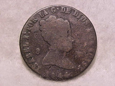 1844 Spain 8 Maravedis Copper Coin Isabella II Madrid Mint picture