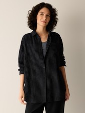 Eileen Fisher Wool Cotton Check Classic Collar Long Shirt, BLACK/ASH NEW WT picture