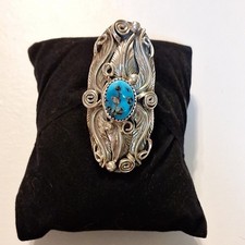 VINTAGE Navajo Sterling Silver Kingman Turquoise ALLEN CHEE SIGNED Floral Ring picture