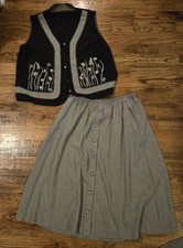 VTG Napa Valley Black & White Check Skirt Set Womens XL Floral Embroidered 90s picture