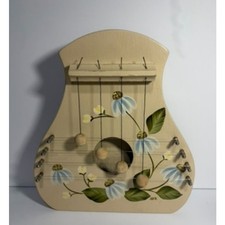 Vintage Hand Painted Wooden Door Harp Chime Blue Floral Folk Art Wall Decor picture