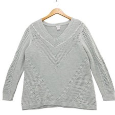 Chico's V Neck Light Blue Knit Sweater Size 2 L Cable Knit Lace Detail picture
