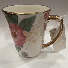Papyrus Ceramic Mug Floral Design Gold Handle White Pink Green Flowers picture