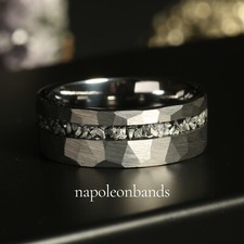 Silver Tungsten Meteorite Ring Hammered Mens Wedding Band, Unique Men Ring picture