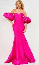 NWT Jovani 22830 Fuchsia Mikado Mermaid Gown Size 2 Puff Sleeve Prom Dress picture