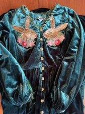 Unlogical Poem Velvet V-Neck Dress Emerald Green Embroidered Rabbit Alice M picture
