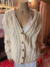 Vintage 80s Lands End 100% Blue faced Leicaster Wool Aran Cable knit Fisherman picture