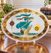 Vintage Fred Press Oval Glass Platter Nautical Ship Gold Turquoise MCM picture